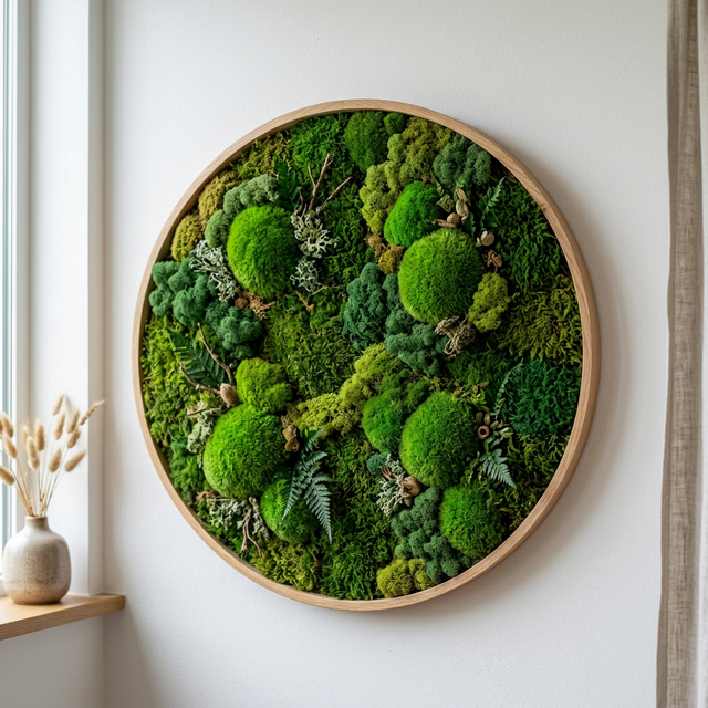 Detail mechového obrazu v rámu a prach