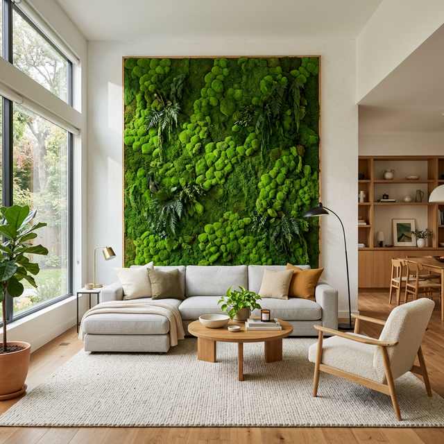 Mechová stěna v moderním obývacím pokoji